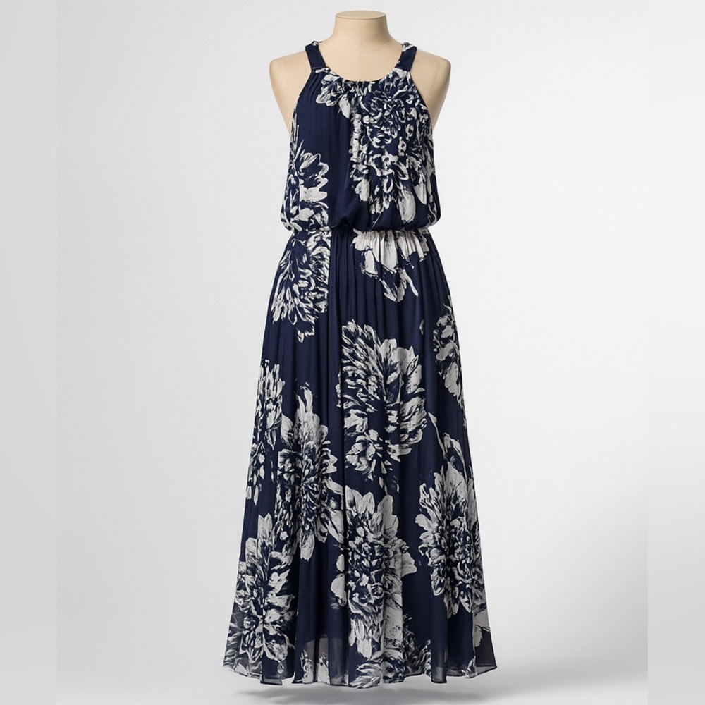 Lane Bryant Floral Halter Maxi Dress 16 Navy Blue White Pleated Summer Flowing - Picture 2 of 9